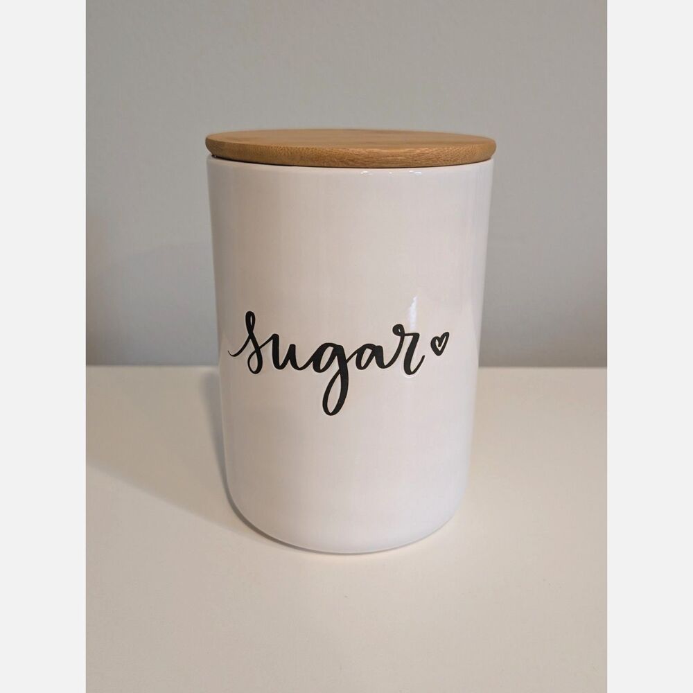 Modern Farmhouse Ceramic Sugar Jar Canister Cursive & Heart